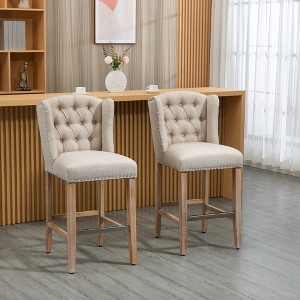 Gulches Contemporary Counter Height Bar Stools Set of 2, Solid Wood Legs, Beige, 26.75" Height - 1 of 4