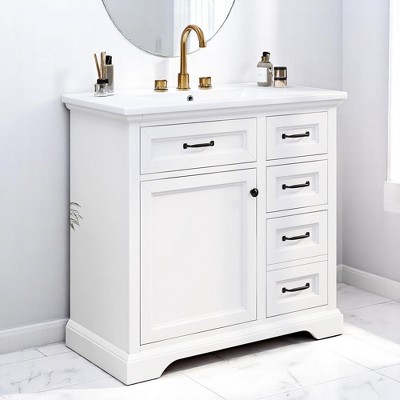 Mshliw 36 Inch Bathroom Vanity with Sink, Freestanding Cabinet with 2 Tip-Out Drawers, Soft Close Door, Ceramic Top