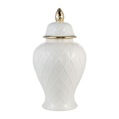 Sagebrook Home 20" Temple Jar with Lid - Ceramic White and Gold Rope Lined Decorative Stoneware for Home, Office, Gift Idea