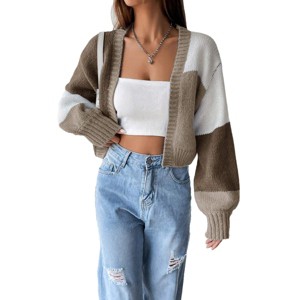 Womens Sweater Cardigan Long Sleeve Cropped Cardigan Color Block Open Front Sweater with Lantern Sleeve Trendy Sweaters - 1 of 4