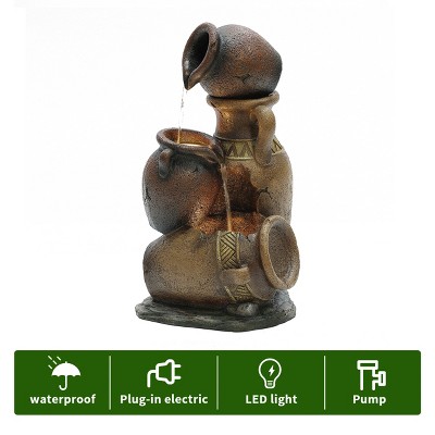 Rustic Brown Resin Tiered Urns Outdoor Fountain with LED Lights