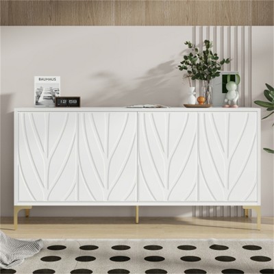 SKRAN 60" Sideboard Buffet Cabinet, Handleless Press-to-Open Design,Carved Credenza Storage Cabinet with 4 Doors for Living Room