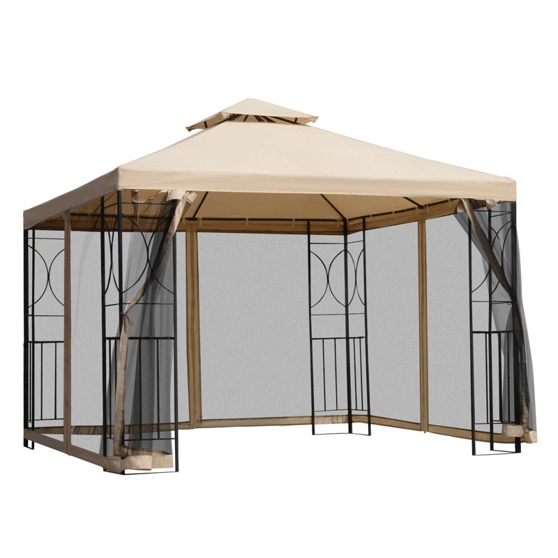 Outsunny 10' x 10’ Steel Outdoor Patio Gazebo Canopy with Privacy Mesh Curtains, Weather-Resistant Roof, & Storage Trays, 5 of 10