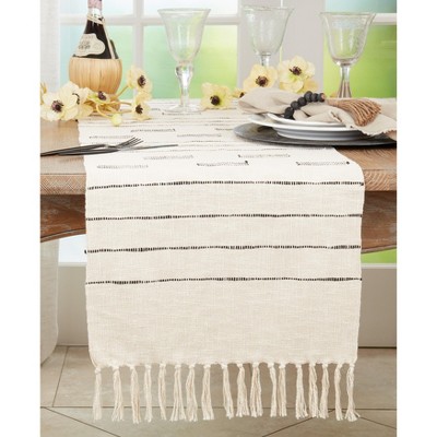 Off-White Cotton Dash Line Table Runner with Tassels