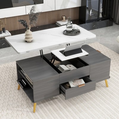 42"W Lift-Top Coffee Table Cocktail Table Center Table Multi Functional Table Dining Table with Drawers, Gray+Marbling White-ModernLuxe