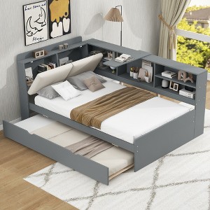 TIRAMISUBEST Wood Twin/Full Size Daybed with Trundle, Shelves and Storage Headboard, Modern Sofa Bed Frame with Rotatable Storage Board - 1 of 4