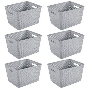 Storage Basket Weave Large Plastic Bin Cut Out Handles With Lid 4Count Grey