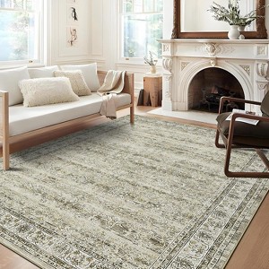 Acekool 5x7 Washable Area Rug, Non-Slip, Ultra Thin Vintage Floral Farmhouse Carpet, Soft Stain Resistant Accent Rug for Living Room, Taupe - 1 of 4