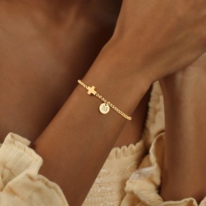 Turandoss 18K Gold Initial Bracelets for Women Girls - Dainty Disc Letter Beaded Cross Bracelet Stretch, Communion Gifts for Girls, Jewelry for Women - 1 of 4