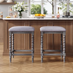 Okak Set of 2 Acacia Wood Upholstered Counter Stools for Dining Rooms,Kitchen Island Accent Stools with Foam-Padded Seat - 1 of 4