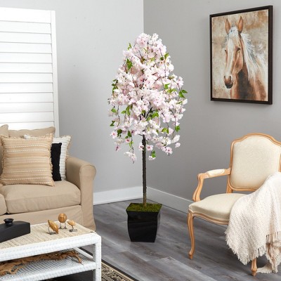 70'' Pink Sakura Faux Potted Tree in Black Planter