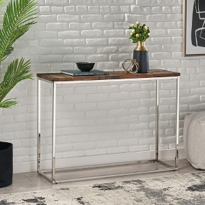Boho Glam Console Table, Handcrafted Recycled Wood Top with Silver Stainless Steel Frame for Entryway, Living Room, or Hallway - 1 of 4