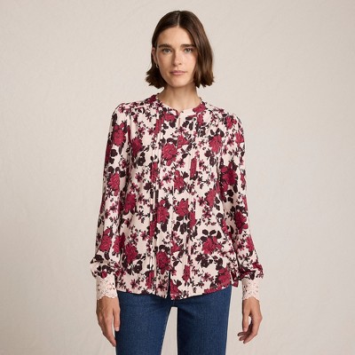 Lands' End Women's Lightweight Jersey Long Sleeve Button Front Pintuck Top