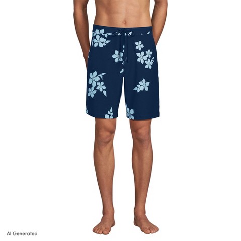 Lands' End Men's 9" Quick Dry Board Shorts - 34 - Navy/Dusty Blue Phlox Floral