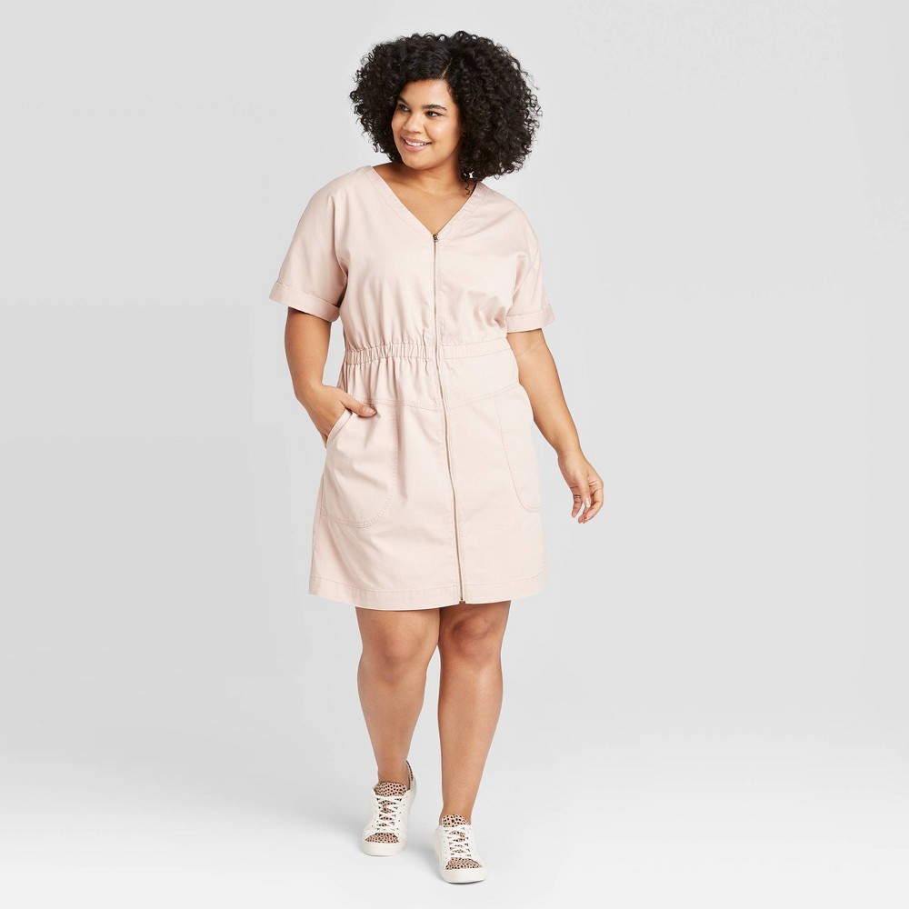 Women's Plus Size Short Sleeve V-Neck Front Zip Elastic Waist Dress - Universal Thread Pink 3X was $27.99 now $19.59 (30.0% off)