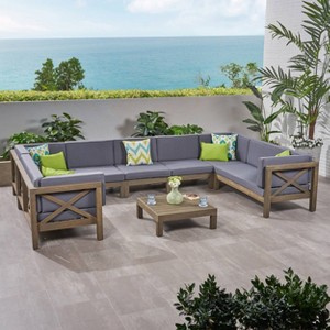 8pc Brava Acacia Sectional Patio Sofa Set -Gray Christopher Knight Home - 1 of 4