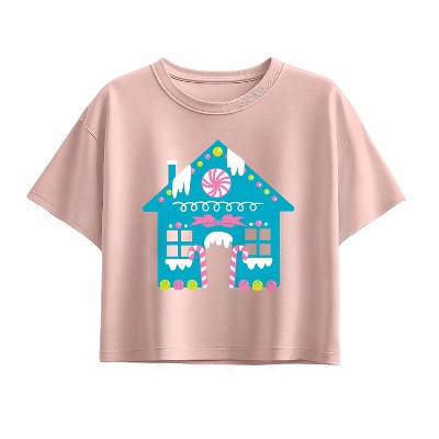 Girls' - Instant Message - Cute Gingerbread House Short Sleeve Boxy Graphic T-Shirt