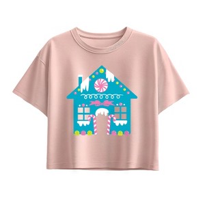 Girls' - Instant Message - Cute Gingerbread House Short Sleeve Boxy Graphic T-Shirt - 1 of 2
