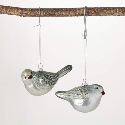 2.75"H and 3"H Sullivans Glass Bird Ornament - Set of 2  White Christmas Ornaments