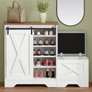 Okak Farmhouse Freestanding Shoe Cabinet Console with Storage Bench/Shelves,Space Saving Shoe Rack for Corridors, Entrances - 1 of 4