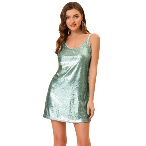 Allegra K Women's Glitter Sequin V Neck Spaghetti Strap Mini Party Dress - Silver