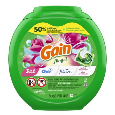 Gain Flings Laundry Detergent Pacs, 76 Count, Spring Daydream Scent, 3 in 1 HE Detergent Pacs with Oxi Boost and Febreeze
