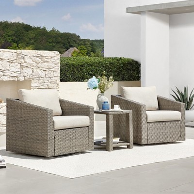 3-Piece Outdoor Wicker Bistro Set with Swivel Chairs - Modern Rattan Patio Furniture with Thick Cushions & Side Table