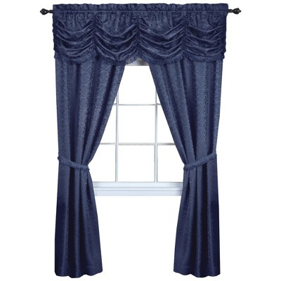 Navy Blue Jacquard Damask Curtains with Austrian Valance and Tiebacks