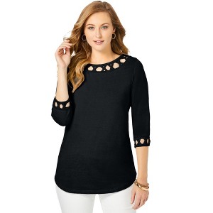 Jessica London Women's Plus Size Stretch Cotton Lattice Boatneck Tunic - 1 of 4