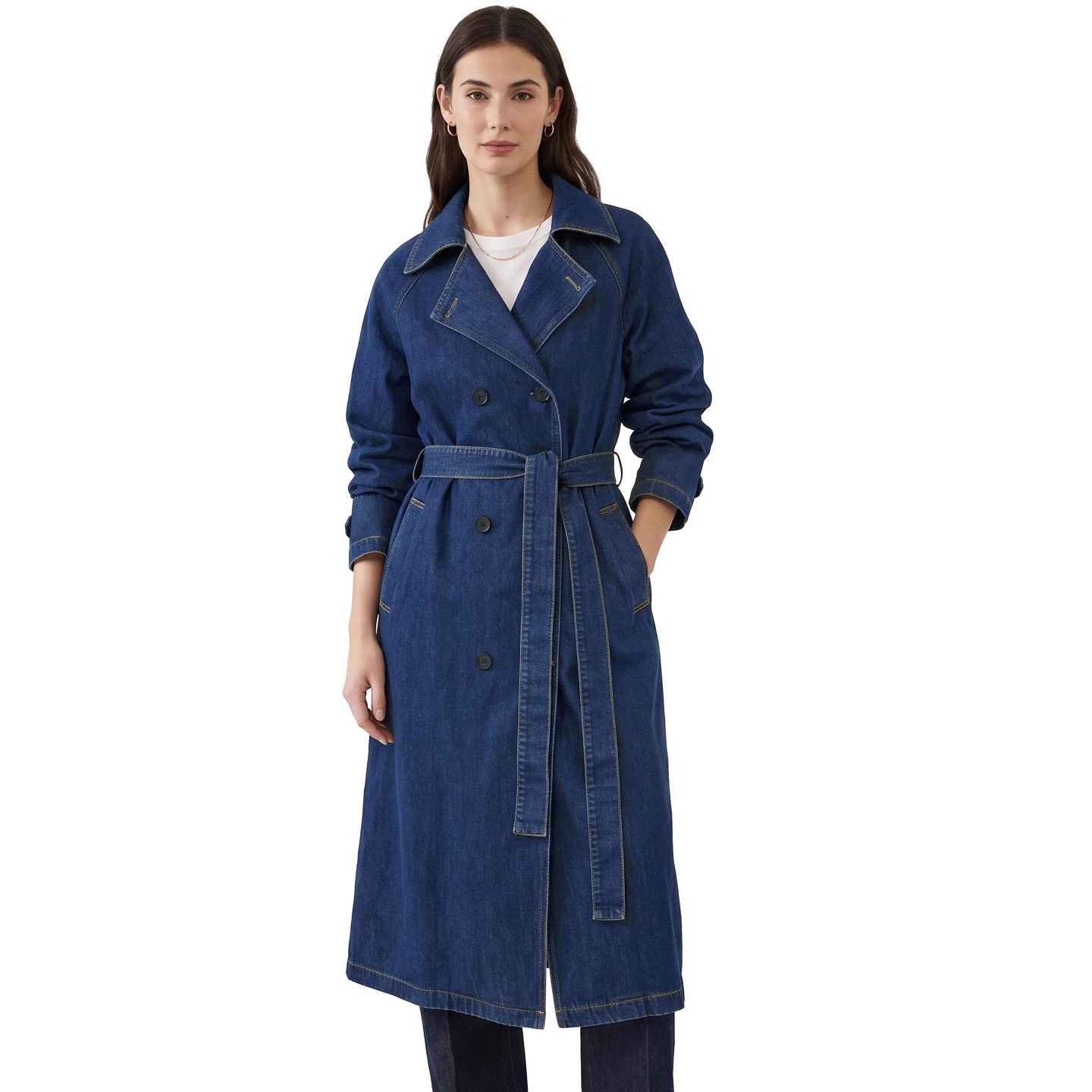 Женская куртка INSPIRE CHIC Lapel Double Breasted Long Sleeve Belted A Line Pockets Back Slit Denim Trench Coat S Blue, цвет: Джинсовый — фото 1