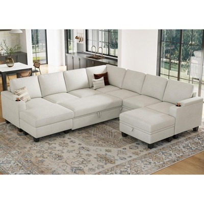 Belffin Chenille 9-Seater U-Shaped Sleeper Sectional - Oversized Modular Couch with All-Module Storage & Pull-Out Bed