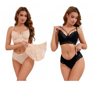INSPIRE CHIC 2 Sets Women's Cross-Straps Bralette and Panty Mesh Floral Lace Bra and Underwear - 1 of 4
