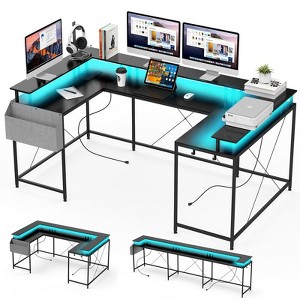 U Shaped Computer Gaming Desk with Power Outlets & LED Strip and Monitor Stand,79" Reversible L Shaped Desk with Storage Shelves for Home Office - 1 of 4