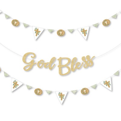 Big Dot of Happiness Elegant Cross -  Party Letter Banner Decor- 36 Banner Cutouts and No-Mess Real Gold Glitter God Bless Banner Letters