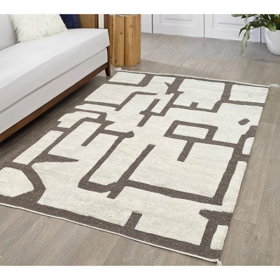 Home Mart Goods Beige Ivory Cream Brown Moroccan Tribal Handmade Hand-Knotted New Zealand Wool Natural Area Rug