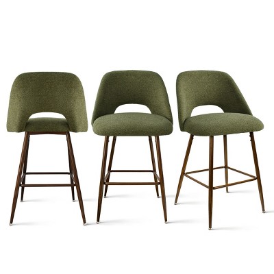 26-Inch Green Upholstered Counter Stools with Walnut Legs, Set of 3