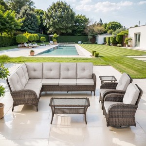 POCASSY 6 Piece Outdoor Sectional Furniture with Swivel Chairs, Brown Wicker L-Shape Sectional Corner Sofa Set with Deep Seat High Back Thick Cushion - 1 of 4