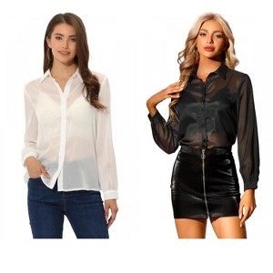 INSPIRE CHIC Women's Sheer Mesh Long Sleeve Button Down Shirts 2 Packs - 1 of 4