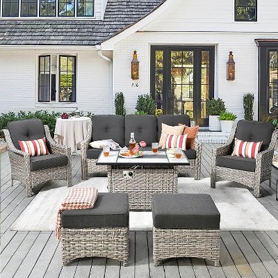 XIZZI 6 Pieces Furniture Set with Fire Pit Table, All Weather Wicker Furniture Set with 3-Seat Sofa and Ottomans, Rattan Conversation Set
