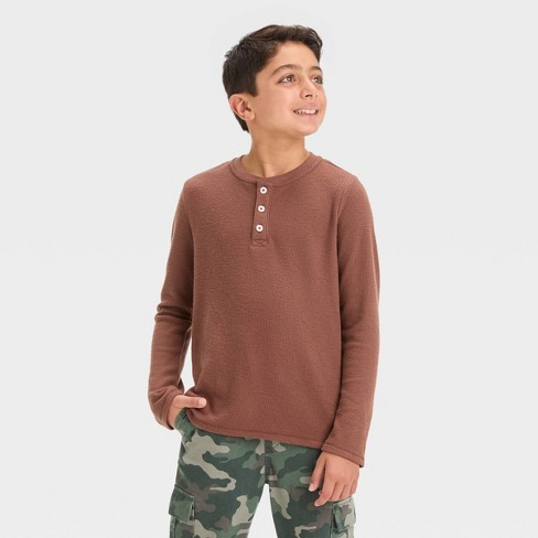 Waffle-knit Henley top - Brown - Kids