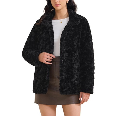 INSPIRE CHIC Women's Faux Fur Lapel Warm Overcoat with Pockets Winter Fluffy Jacket Small Black