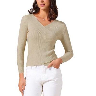 INSPIRE CHIC Women's V-Neck Knitted Ruched Button Decor Long Sleeve Slim Fit T-shirt