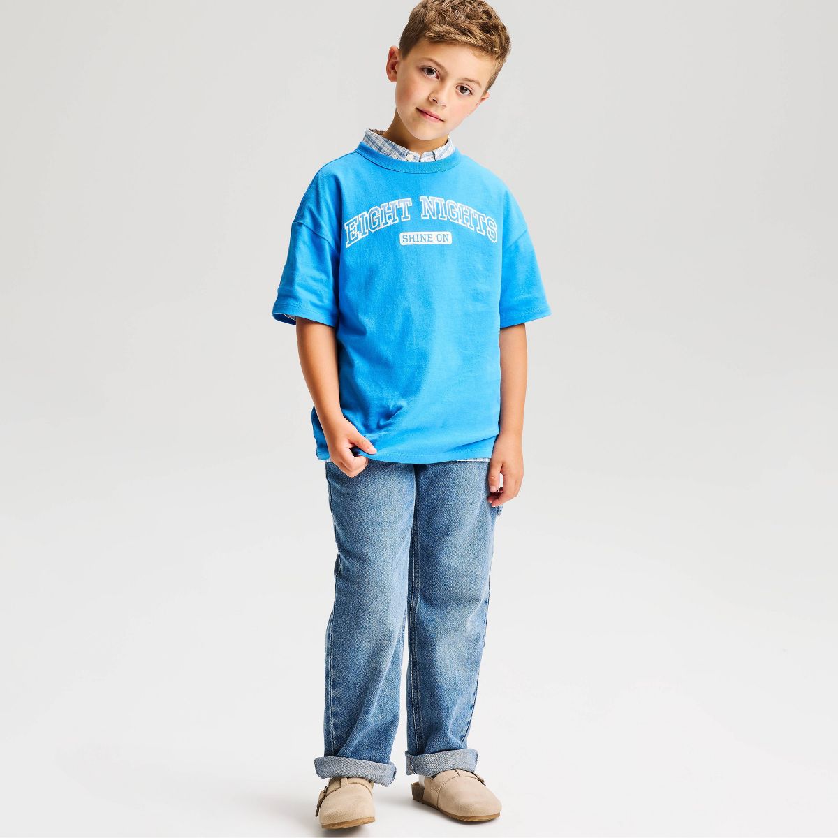 Boys' Short Sleeve 100% Cotton 'Eight Nights' Hanukkah Oversized Fit Graphic T-Shirt - Cat & Jack™ Blue