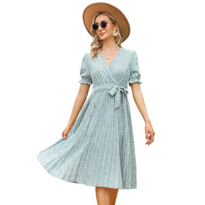 WhizMax Women's Dress Floral Wrap V Neck Pleated Dress Short Puff Sleeve Flowy A Line Midi Dress with Belted