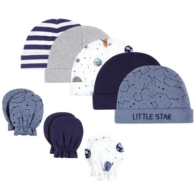 Image of Hudson Baby Infant Boy Cotton Cap and Scratch Mitten Set, Space, 0-6 Months