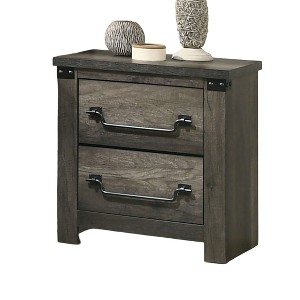 Vynxaria Rustic Farmhouse 2-Drawer Nightstand - 1pc, Gray, English Front/Back, Antique Brass Drop Handles, Metal Glides, Rubberwood/Wooden Legs - 1 of 4