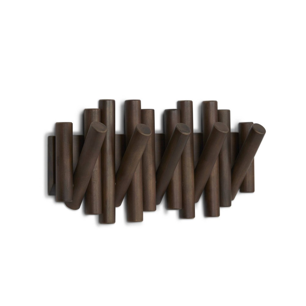 Umbra Picket Rail Hooks Coat Rack Dark Brown: Wall Mount Decorative Hooks, 5 Towel & Coat Hooks, Natural Wood Finish