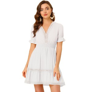 INSPIRE CHIC Women's V Neck Smocked Elastic Waist Short Sleeve Boho Crochet Trim Mini Dress - 1 of 4