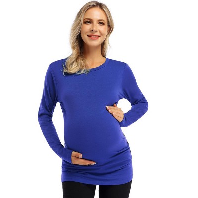 BLUEMING Womens Maternity Shirts Long Sleeve Crew Neck Basic Tank Tops Side Buttons Pregnant Shirts