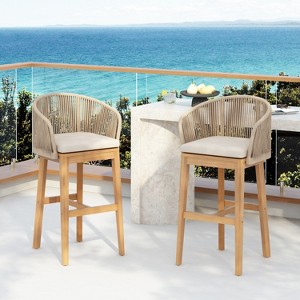 Christopher Knight Home Muntz Outdoor Acacia Wood Bar Stool with Rope Back and Cushion (Set of 2) - 1 of 4